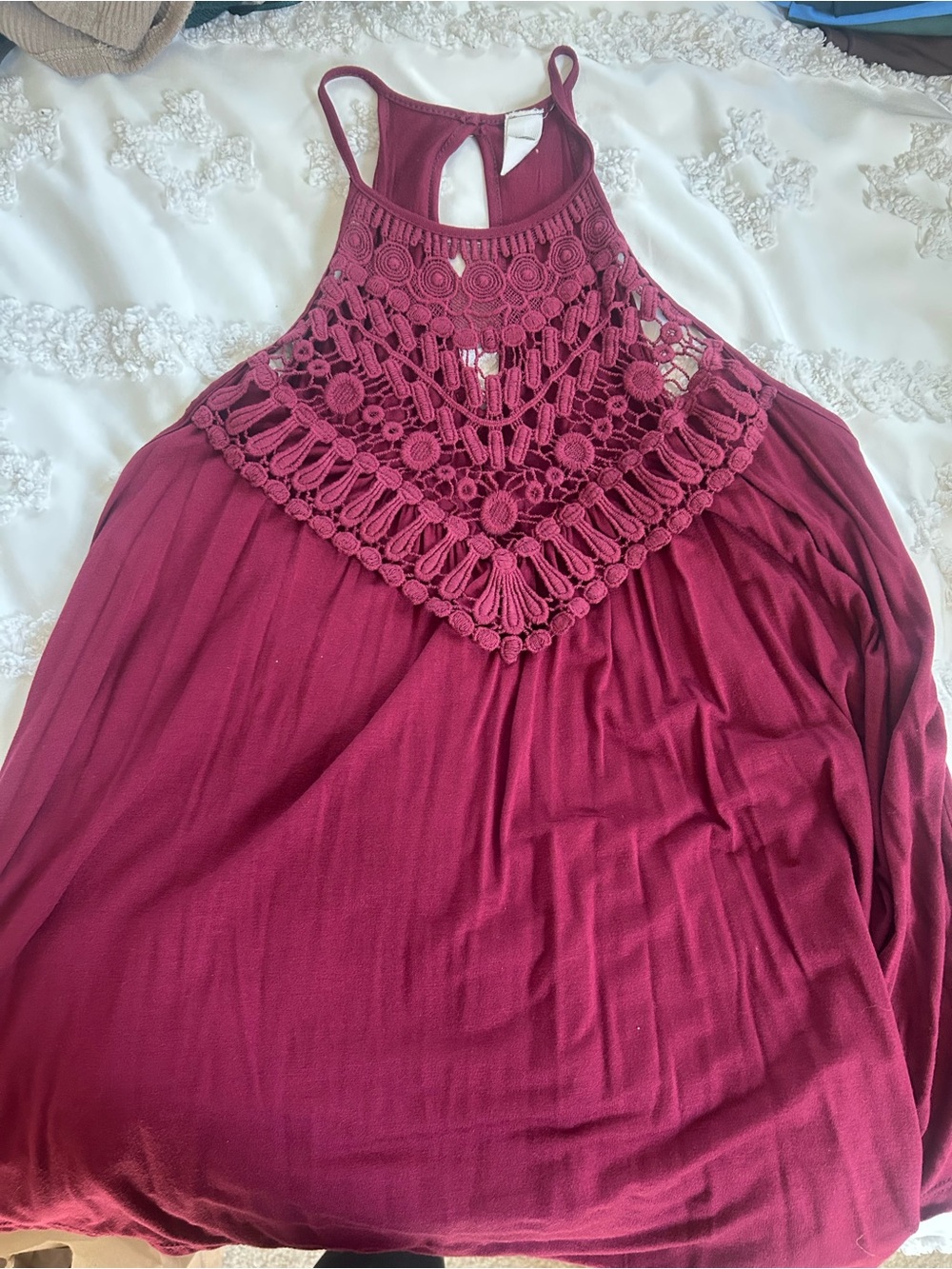 CY Fashion Women’s Halter Crochet Yoke Tank Top - Burgundy Medium